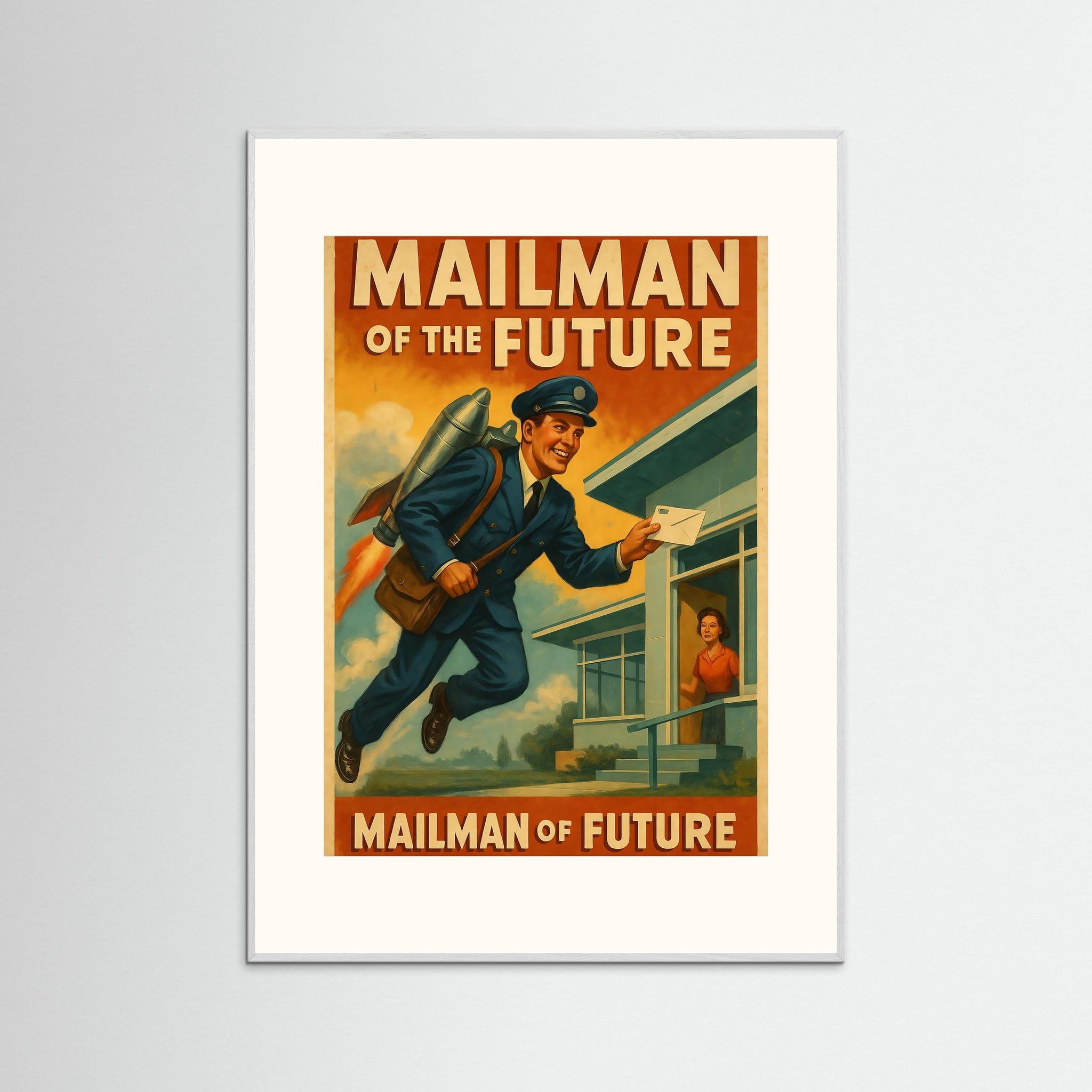 Mailman of the Future als Kunstwerk mit weißem Echtholzrahmen