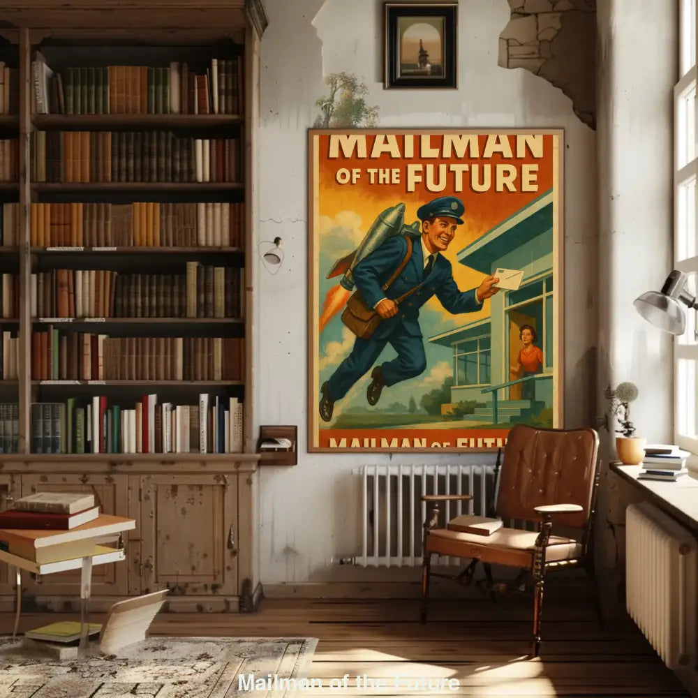 Mockup eines Briefträgers mit Jetpack in Retro-Stil, der im Flug einen Brief zustellt – eine humorvolle Zukunftsvision der Post.