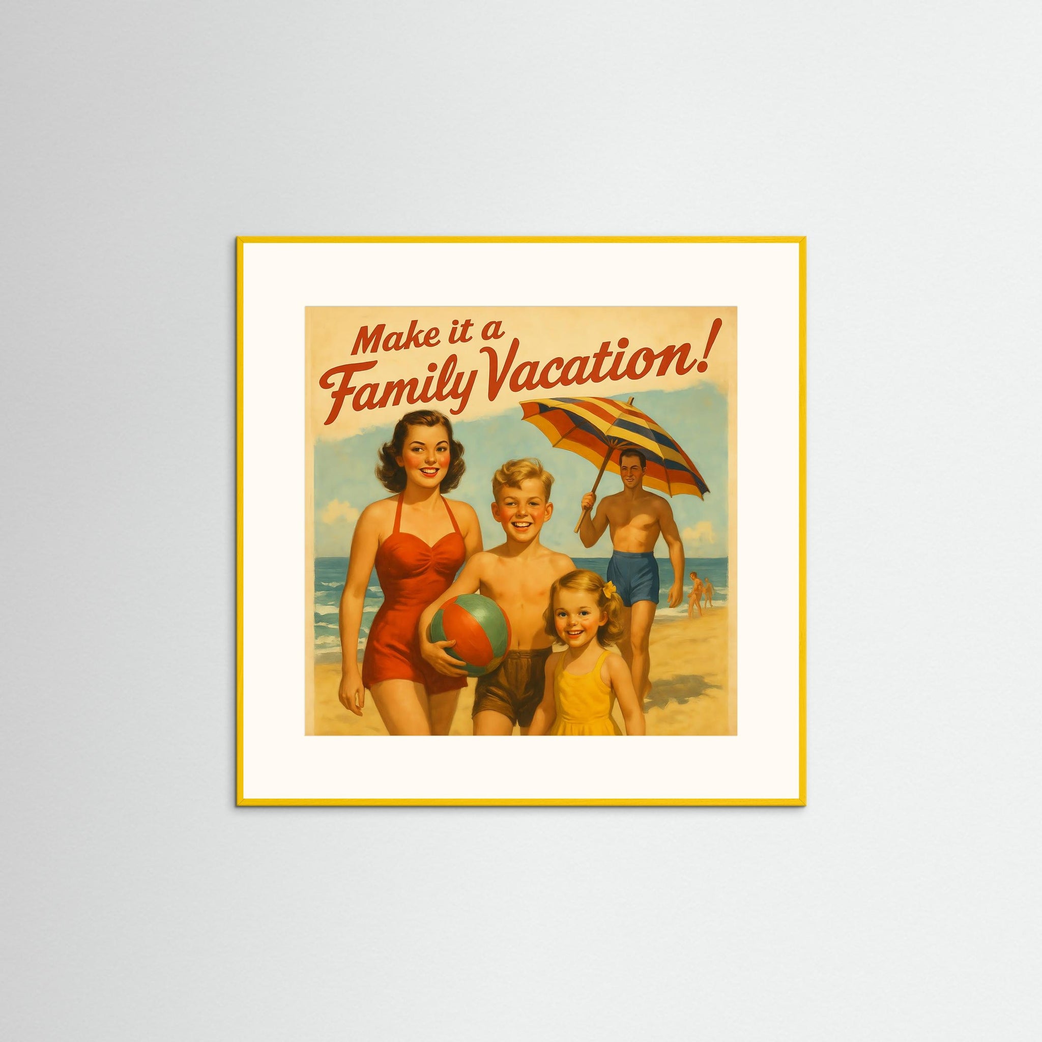 Gerahmte Ausführung von Make it a Family Vacation! mit gelbem Echtholzrahmen