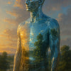 Stilisierte Männerfigur mit Landschaft als Oberfläche – KI-Kunst über Mensch-Natur-Verbindung und innere Bewusstseinsräume.