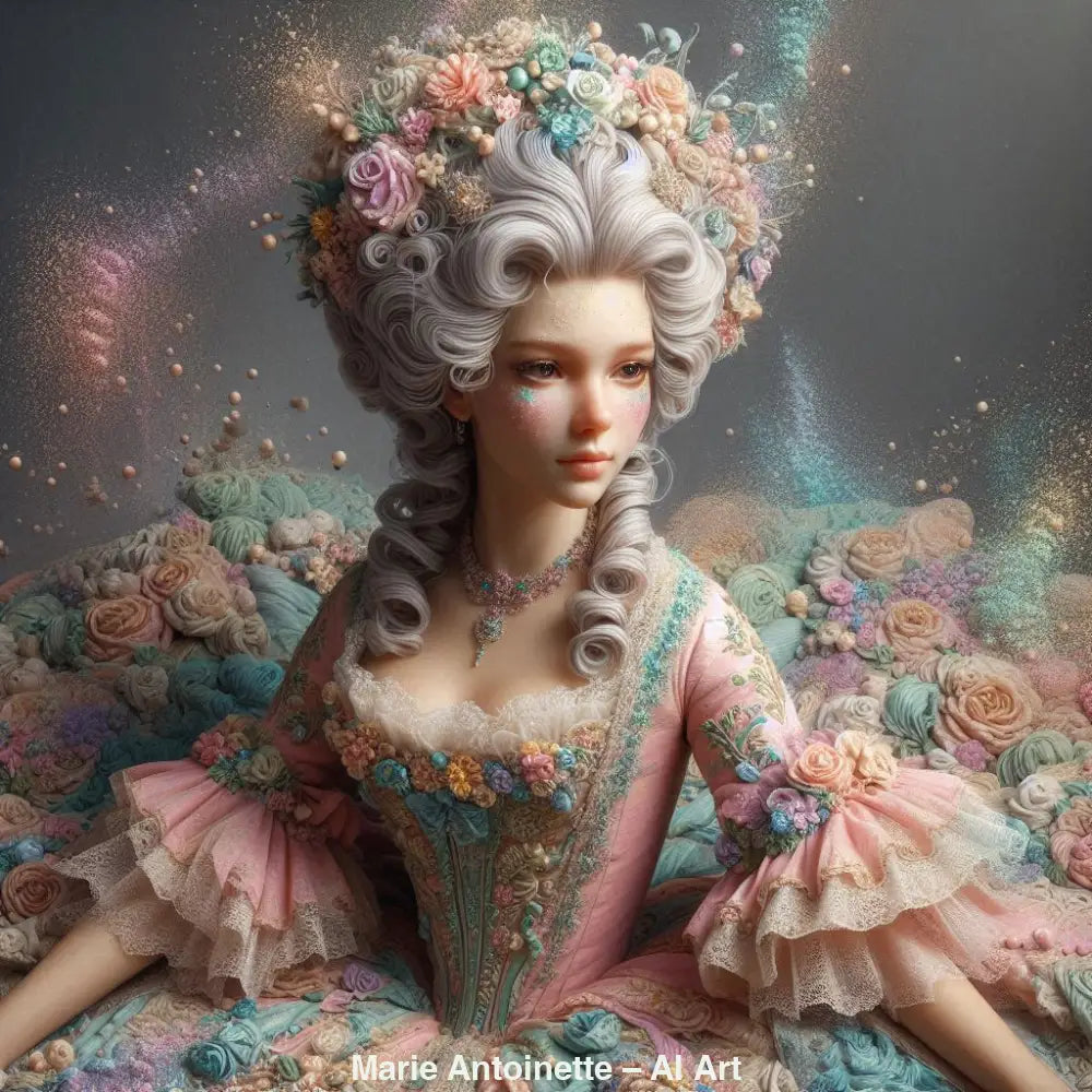 AI Art Porträt von Marie Antoinette im Rokoko-Kleid mit Blumen, Perlen und Farbpartikeln.