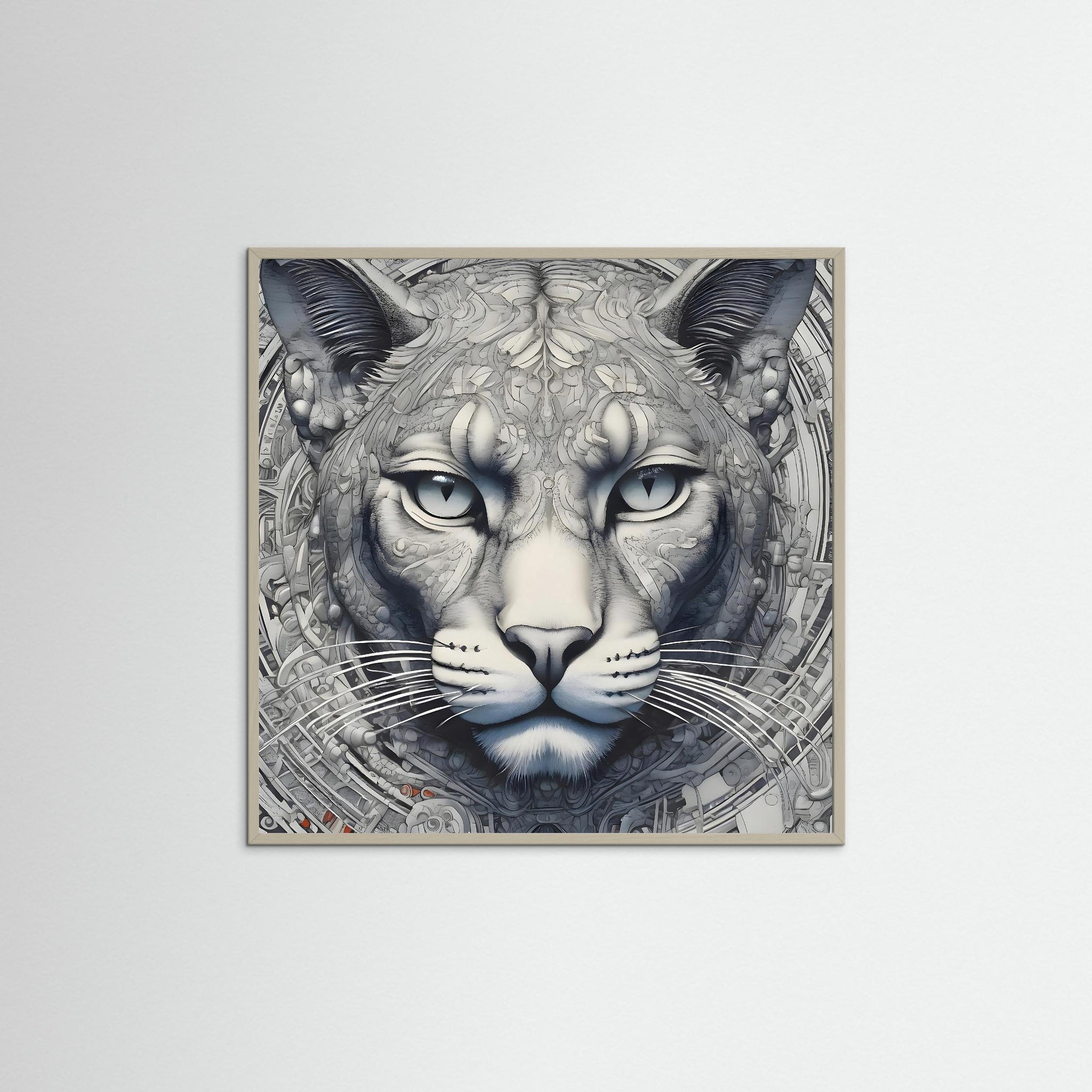 Mechanical Cat als Kunstwerk mit grauem Echtholzrahmen
