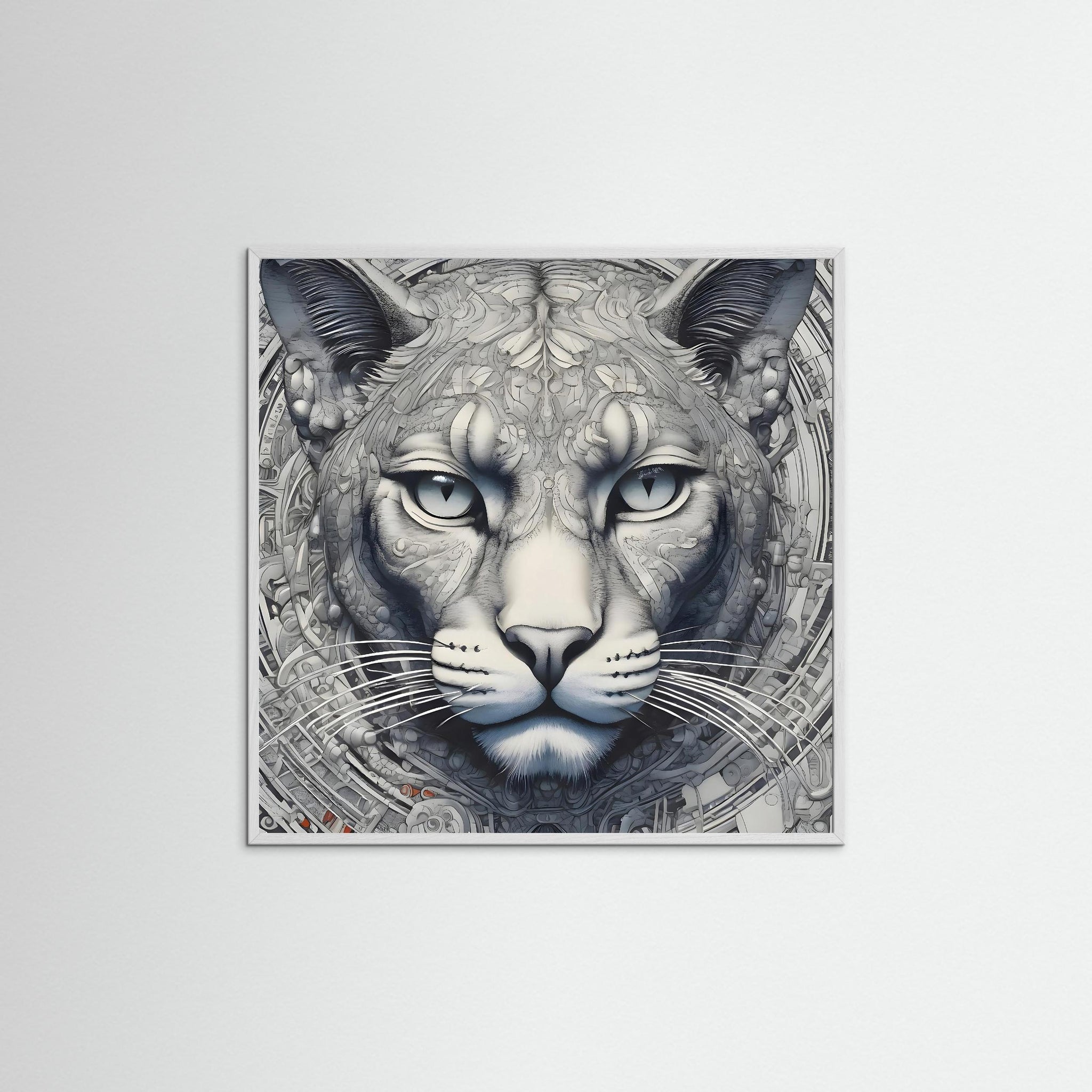 Mechanical Cat als Kunstmotiv mit weißem Echtholzrahmen