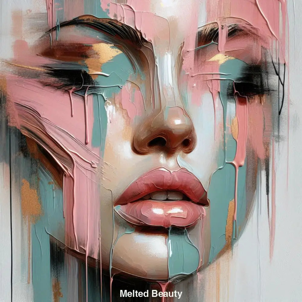 AI Porträt einer Frau mit abstrakten, verlaufenden Acrylfarben in Rosa, Türkis und Gold.