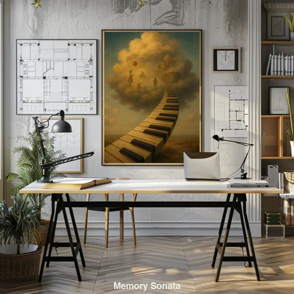 Mockup eines surrealen Kunstwerks mit einer Treppe aus Klaviertasten, die in eine Wolke voller Kindheitserinnerungen führt.