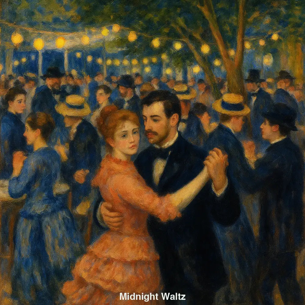 AI-Kunst im Renoir-Stil mit tanzendem Paar auf einem Ball – impressionistisch, detailreich & lebendig
