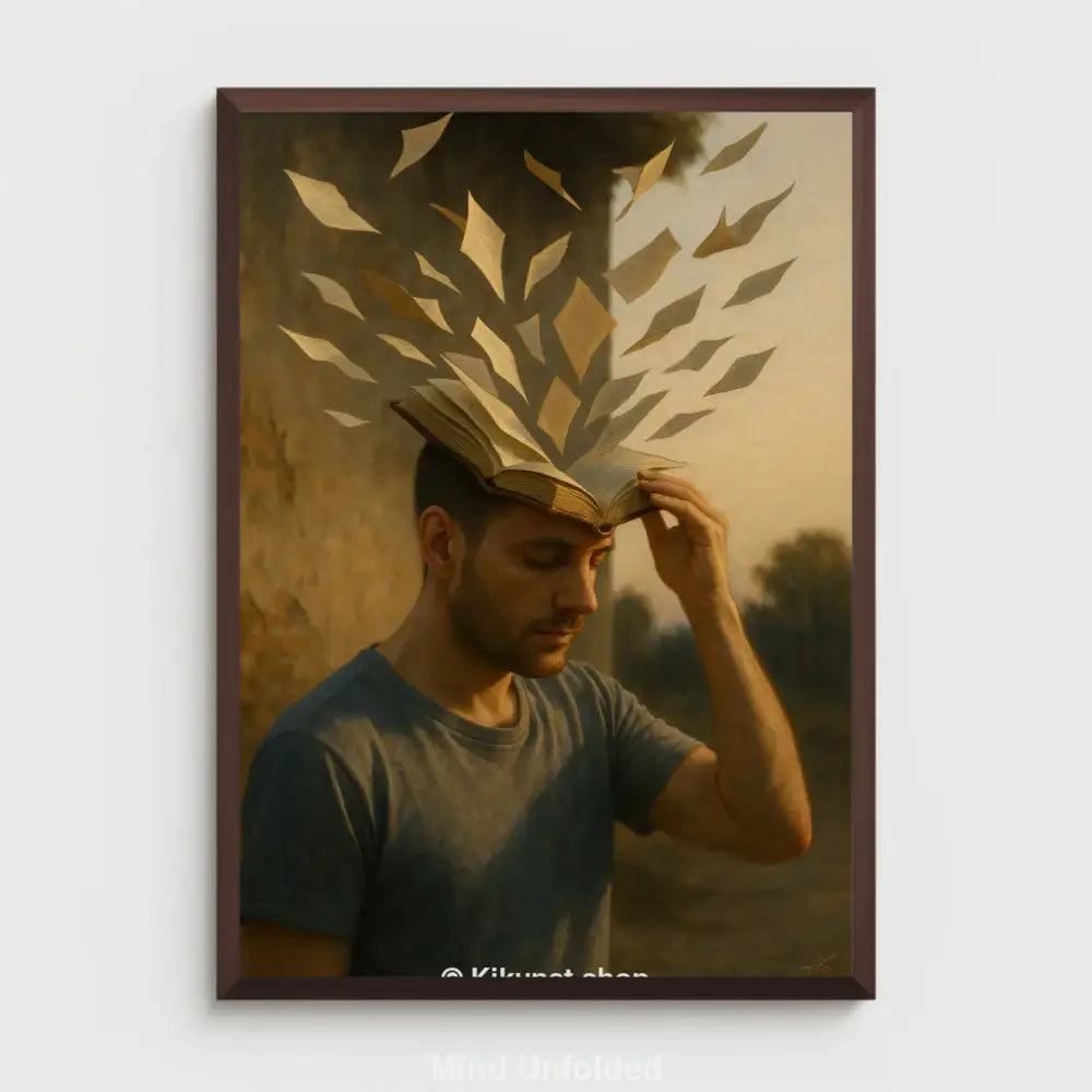 Mockup eines Mannes mit offenem Buch auf dem Kopf, aus dem zahlreiche Seiten in den Himmel fliegen – Symbol für kreative Gedanken.