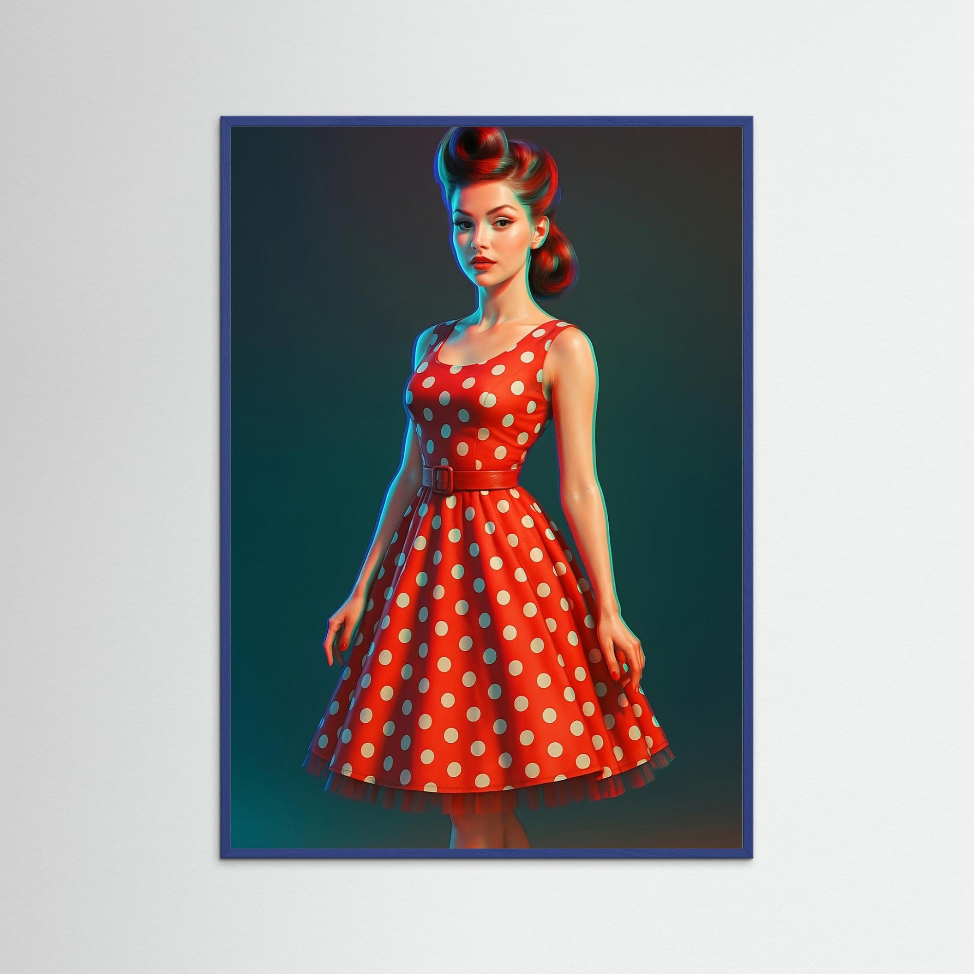 Miss Polka als Kunstwerk mit blauem Echtholzrahmen