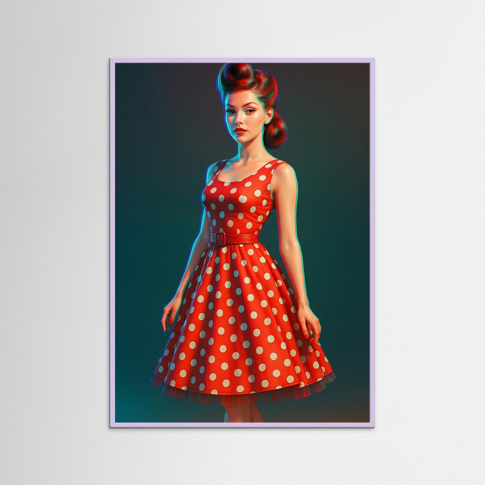 Miss Polka als Kunstmotiv mit Echtholzrahmen in Lila