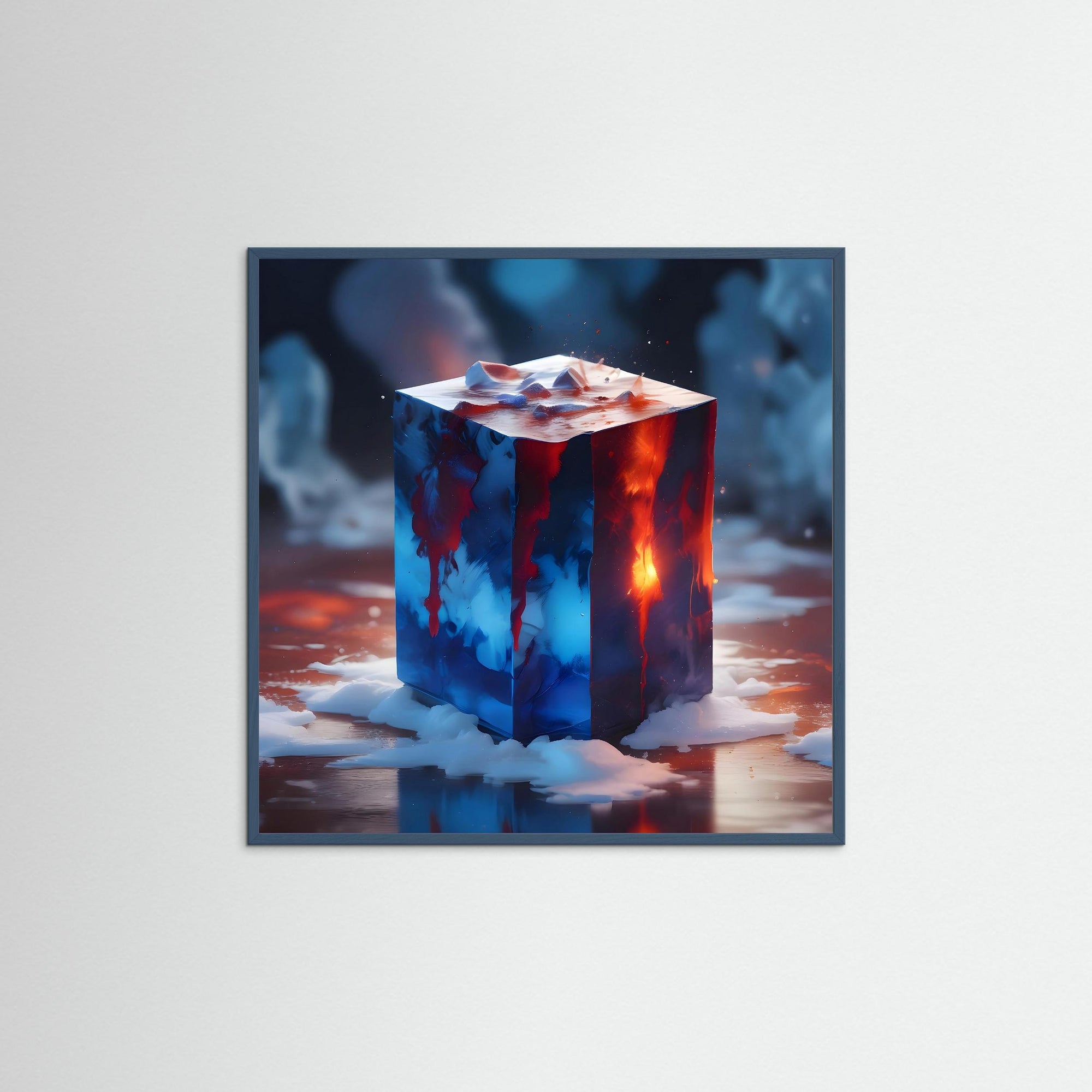 Molten Frost Cube als Kunstwerk mit Echtholzrahmen in Petrol