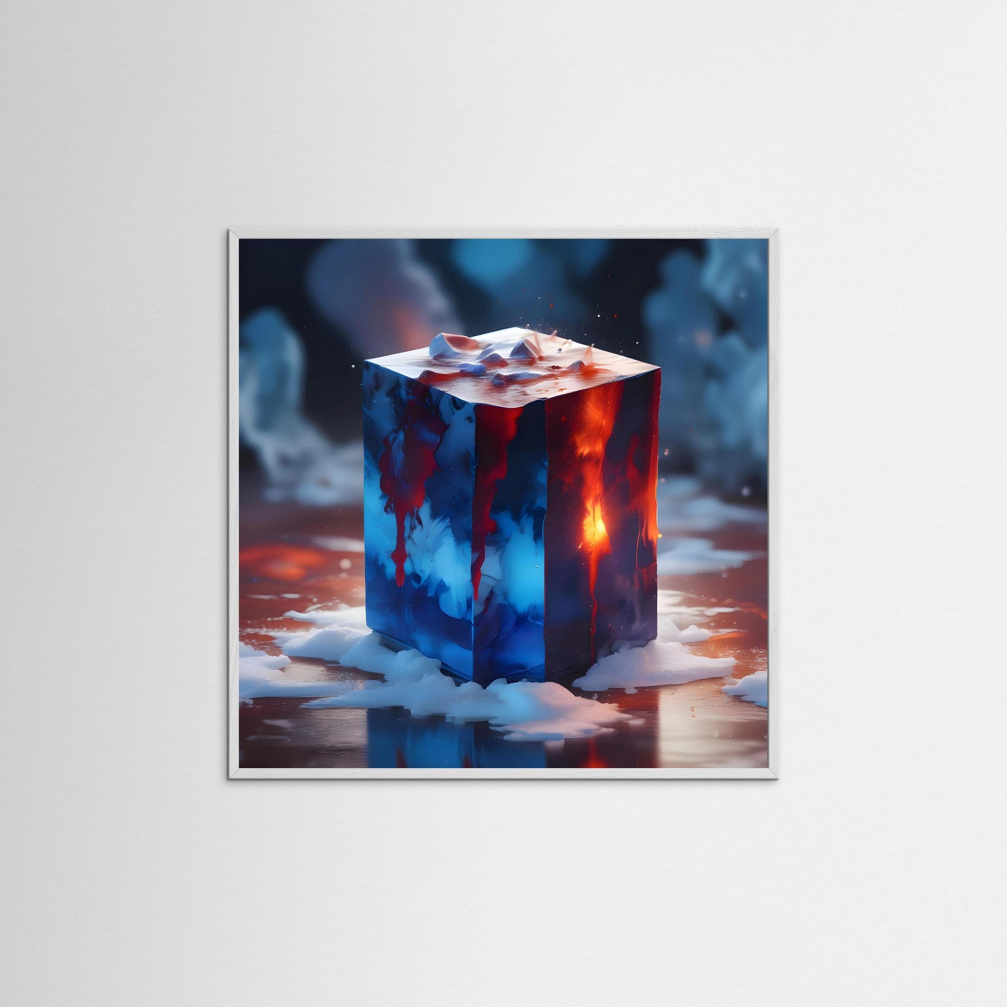Molten Frost Cube als Kunstmotiv mit weißem Echtholzrahmen