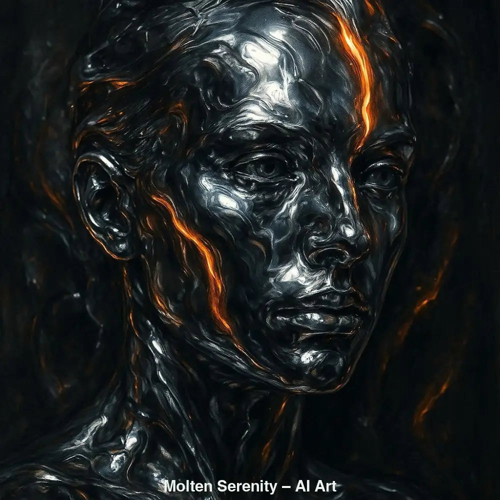 Digitales AI-Kunstwerk eines metallisch glänzenden Gesichts mit glühend orangen Linien auf dunklem Hintergrund.