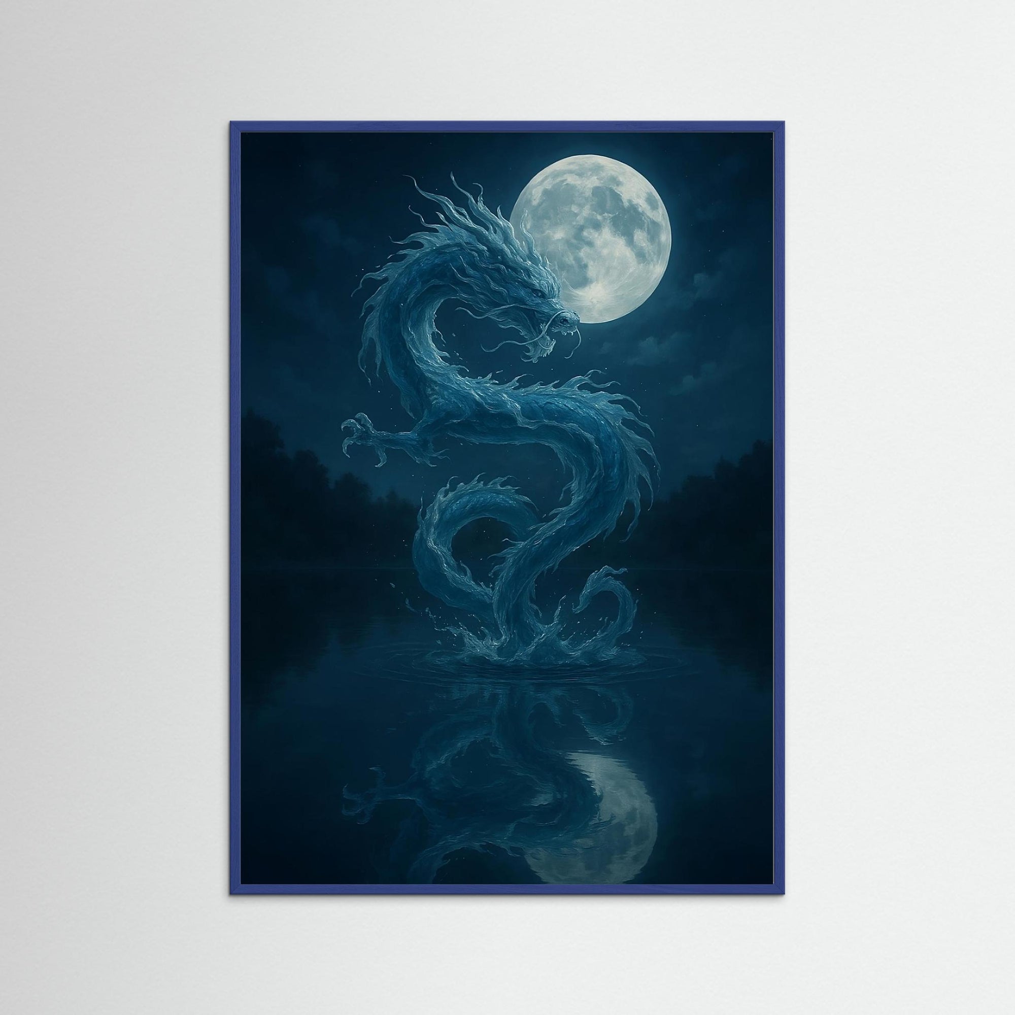 Moonrise Serpent als Kunstwerk mit blauem Echtholzrahmen