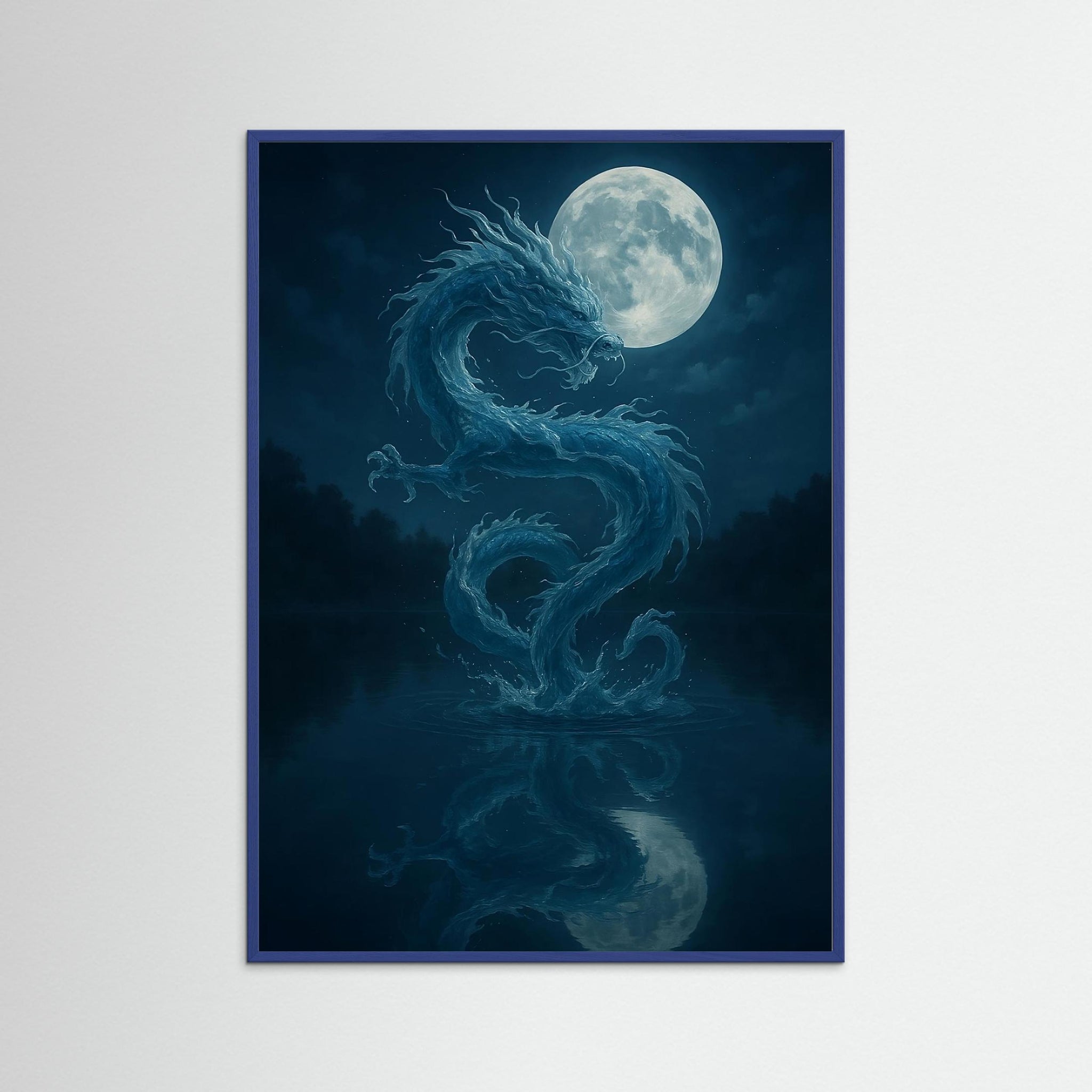 Moonrise Serpent als Kunstwerk mit blauem Echtholzrahmen