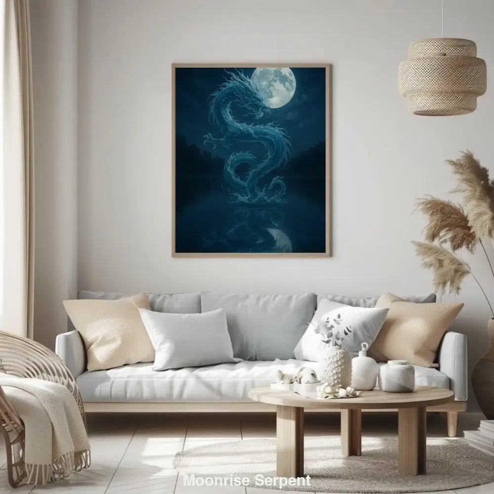 Mockup eines aus Wasser geformten Drachen, der sich bei Vollmond aus einem dunklen See erhebt, mystische Atmosphäre bei Nacht