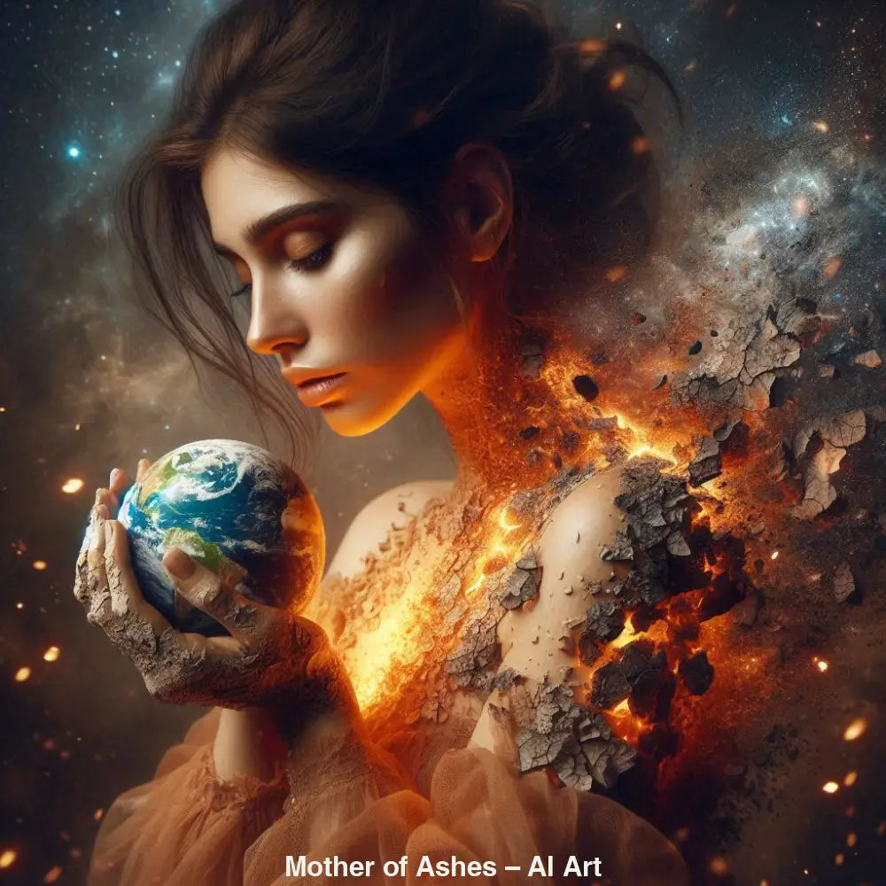 Fantastisches KI-Artwork einer mystischen Frau, deren Körper aus Feuer und Asche besteht, während sie eine kleine Erde in den Händen hält.