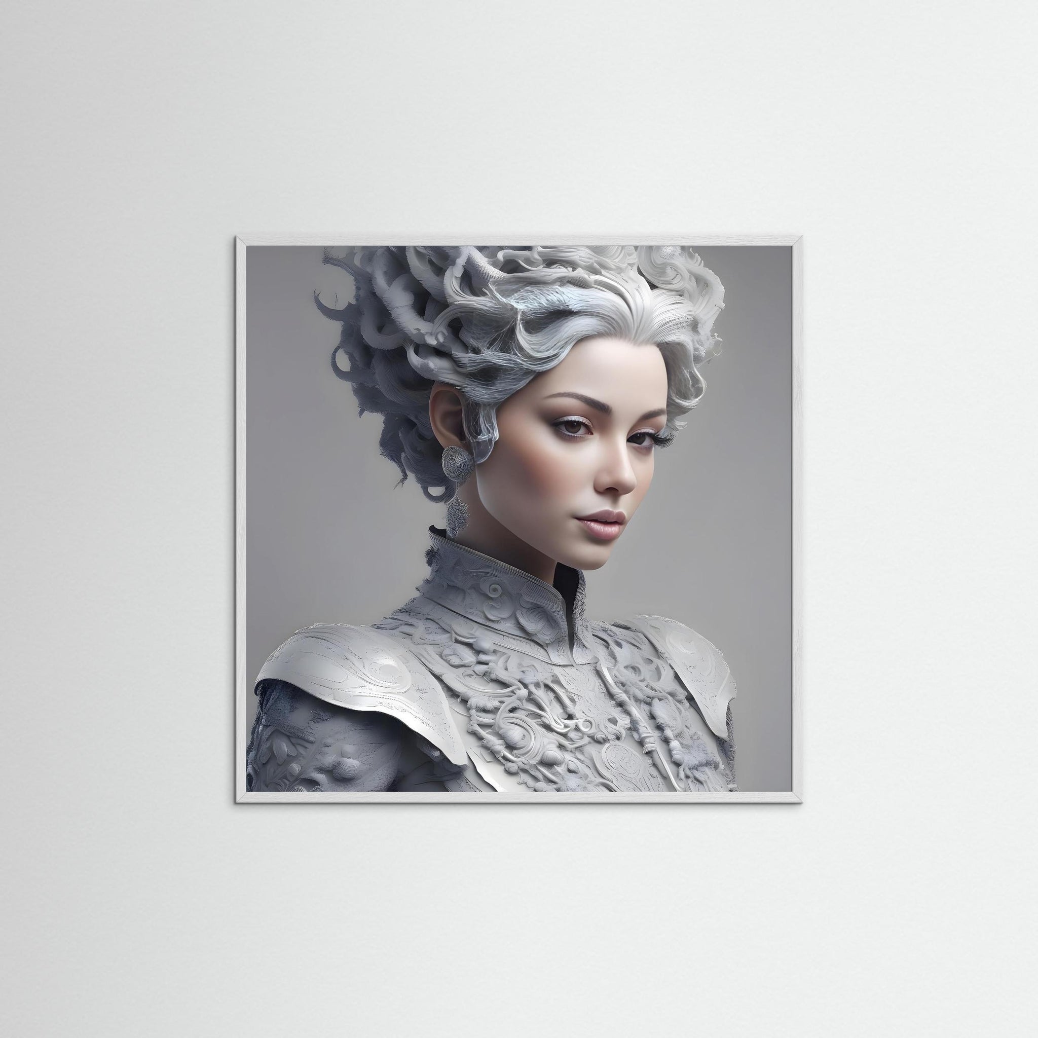 Mystic White Woman als Kunstmotiv mit weißem Echtholzrahmen