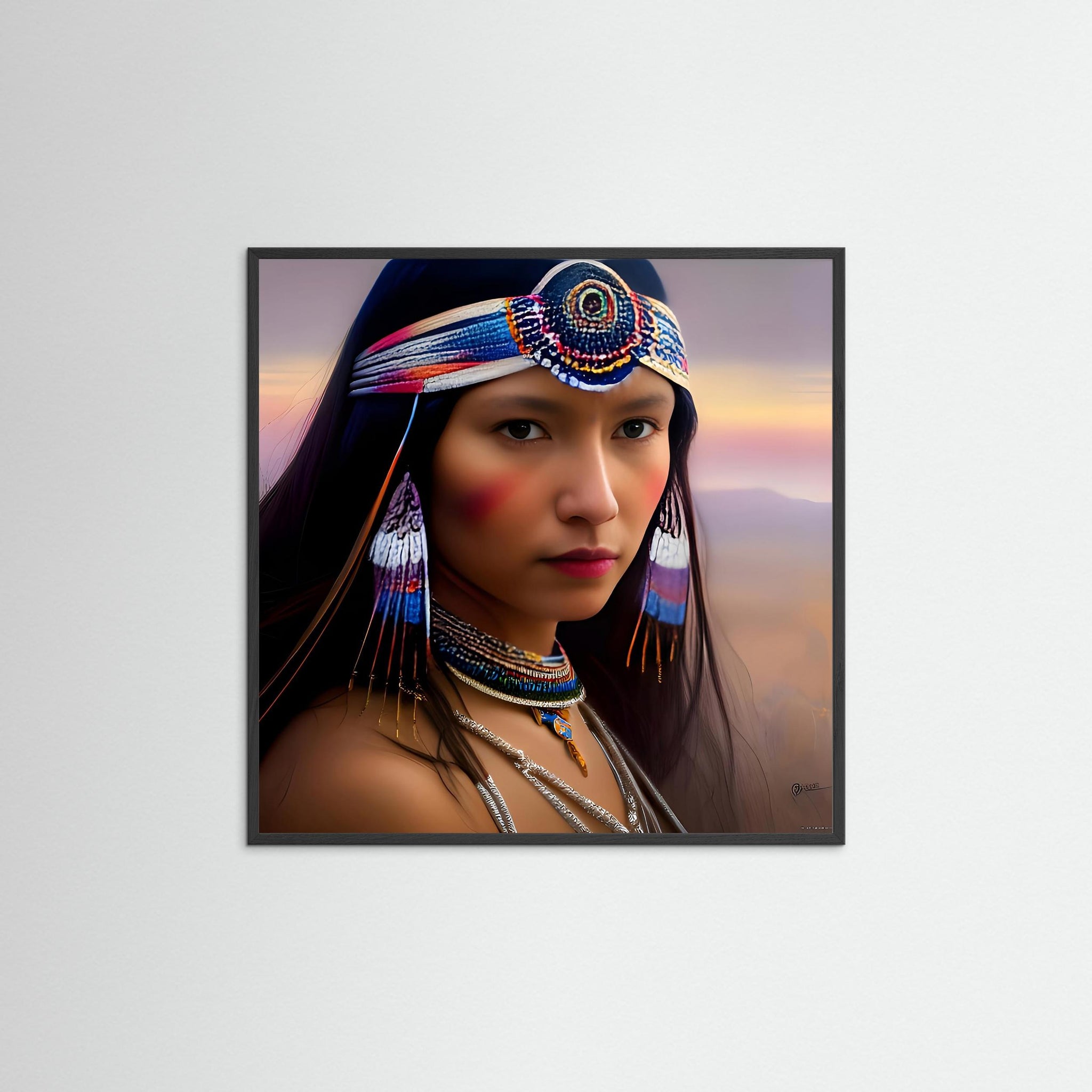 Native American als Kunstwerk mit schwarzem Echtholzrahmen