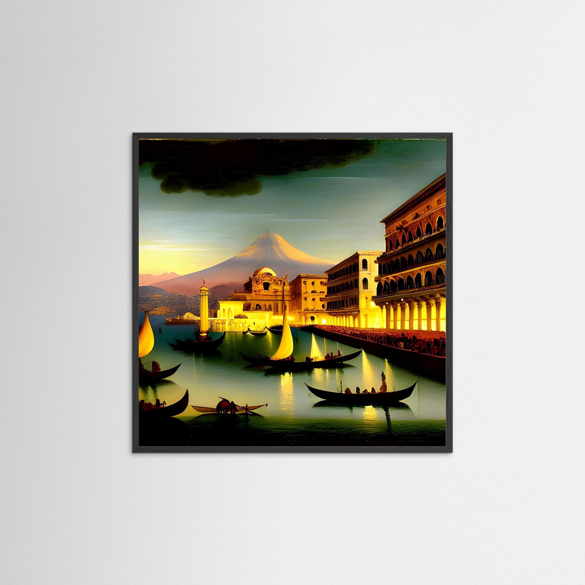 Neapel by Night als Kunstwerk mit schwarzem Echtholzrahmen