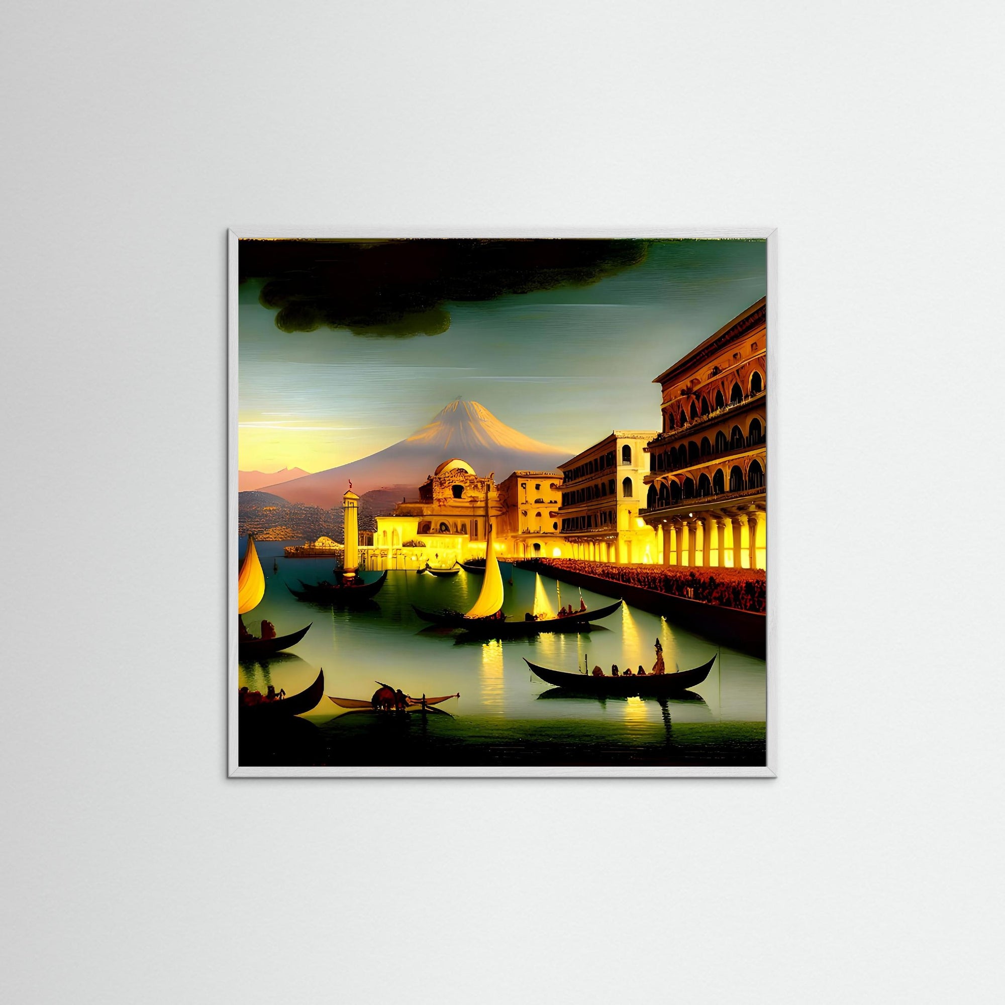 Neapel by Night als Kunstmotiv mit weißem Echtholzrahmen