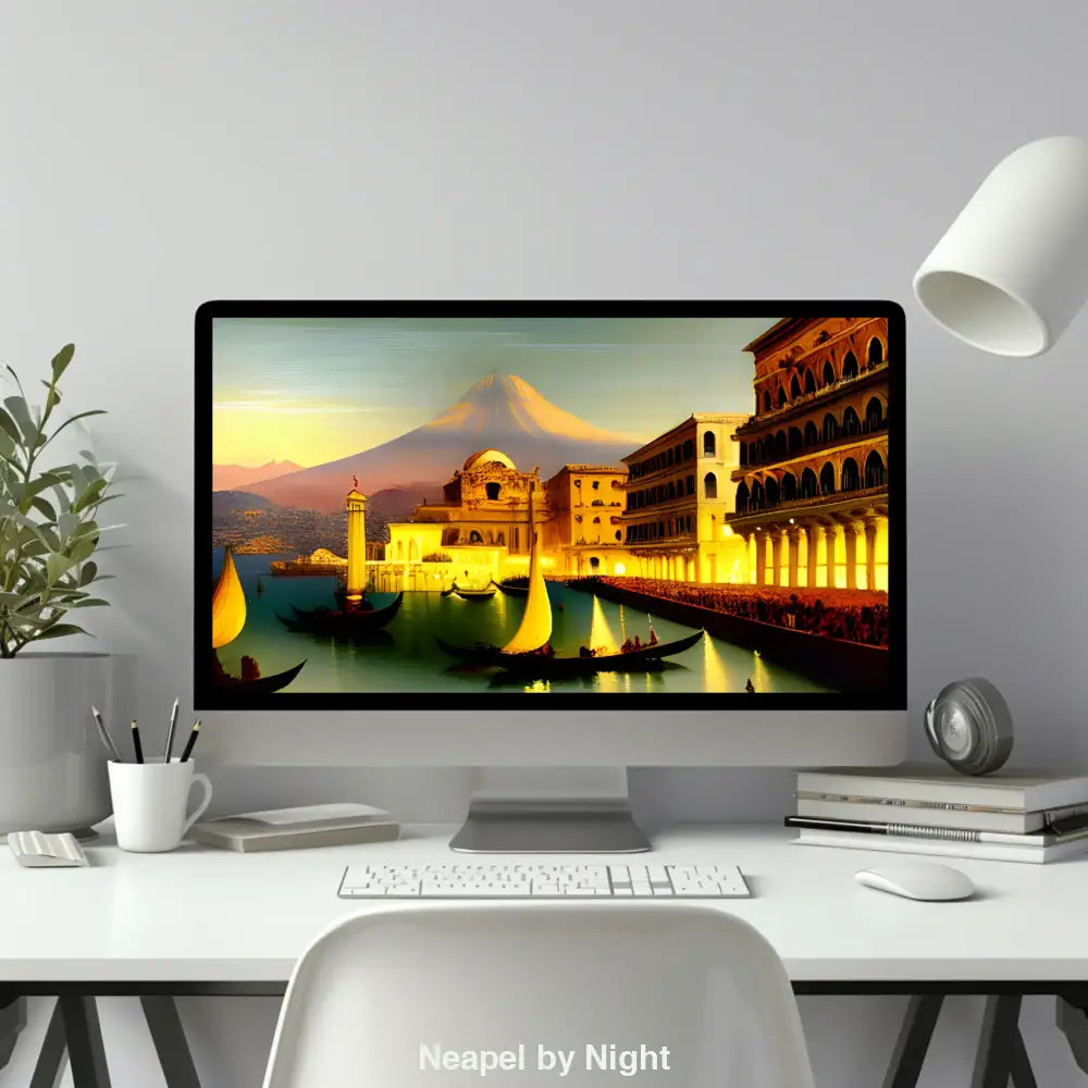 Abendstimmung mit beleuchteten Gondeln, venezianischer Architektur und Vulkan im Hintergrund