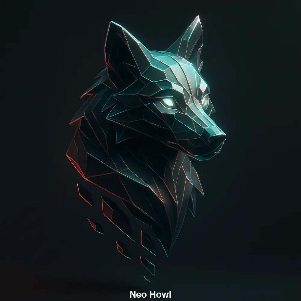 Polygonaler Wolfskopf in Cyan-Rot auf schwarzem Hintergrund – geometrisch, futuristisch, stilisiert