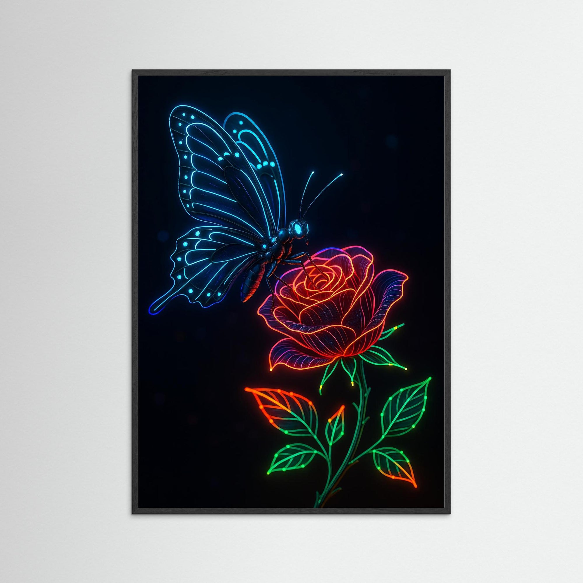 Neon Connection als Kunstwerk mit schwarzem Echtholzrahmen
