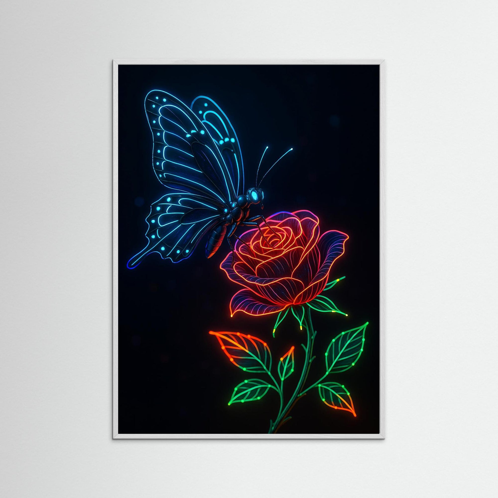 Neon Connection als Kunstmotiv mit weißem Echtholzrahmen