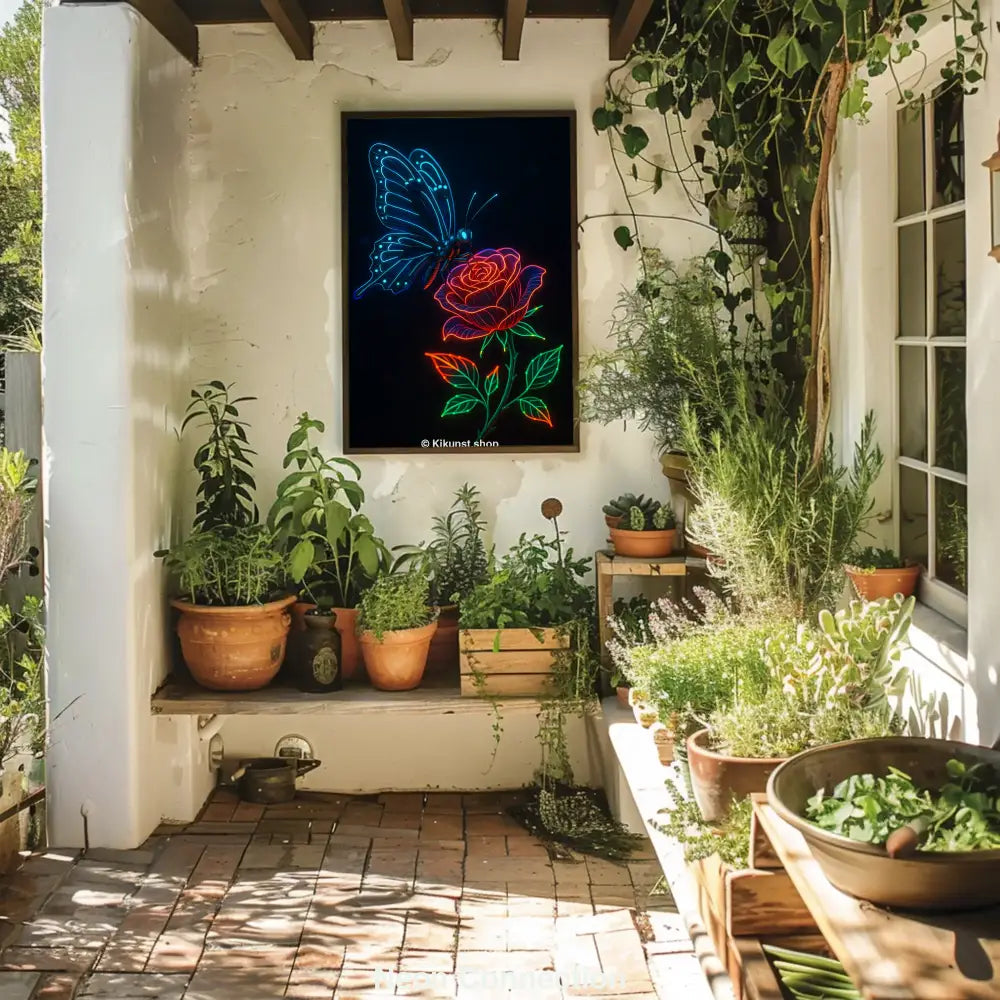 Ein neonblauer Schmetterling schwebt über einer leuchtend roten Rose auf dunklem Hintergrund.