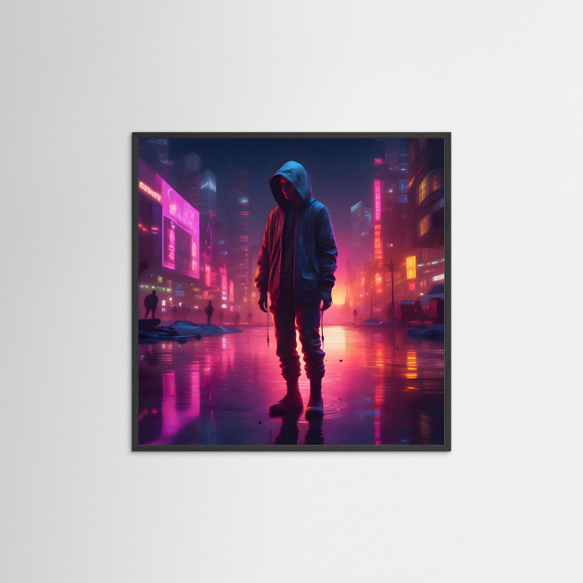 Neon Drifter als Kunstwerk mit schwarzem Echtholzrahmen
