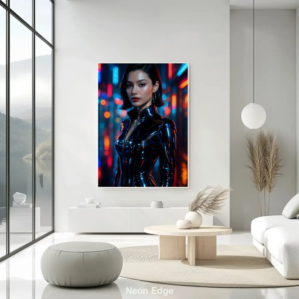 Mockup eines Kunstdrucks „Neon Edge“ mit Frau im Latexanzug vor Neonlichtern in moderner Raumszene