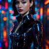 Frau in schwarzem Latexanzug mit kurzen Haaren vor bunter Cyberpunk-Stadt bei Nacht