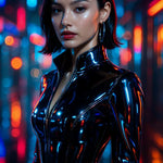 Frau in schwarzem Latexanzug mit kurzen Haaren vor bunter Cyberpunk-Stadt bei Nacht