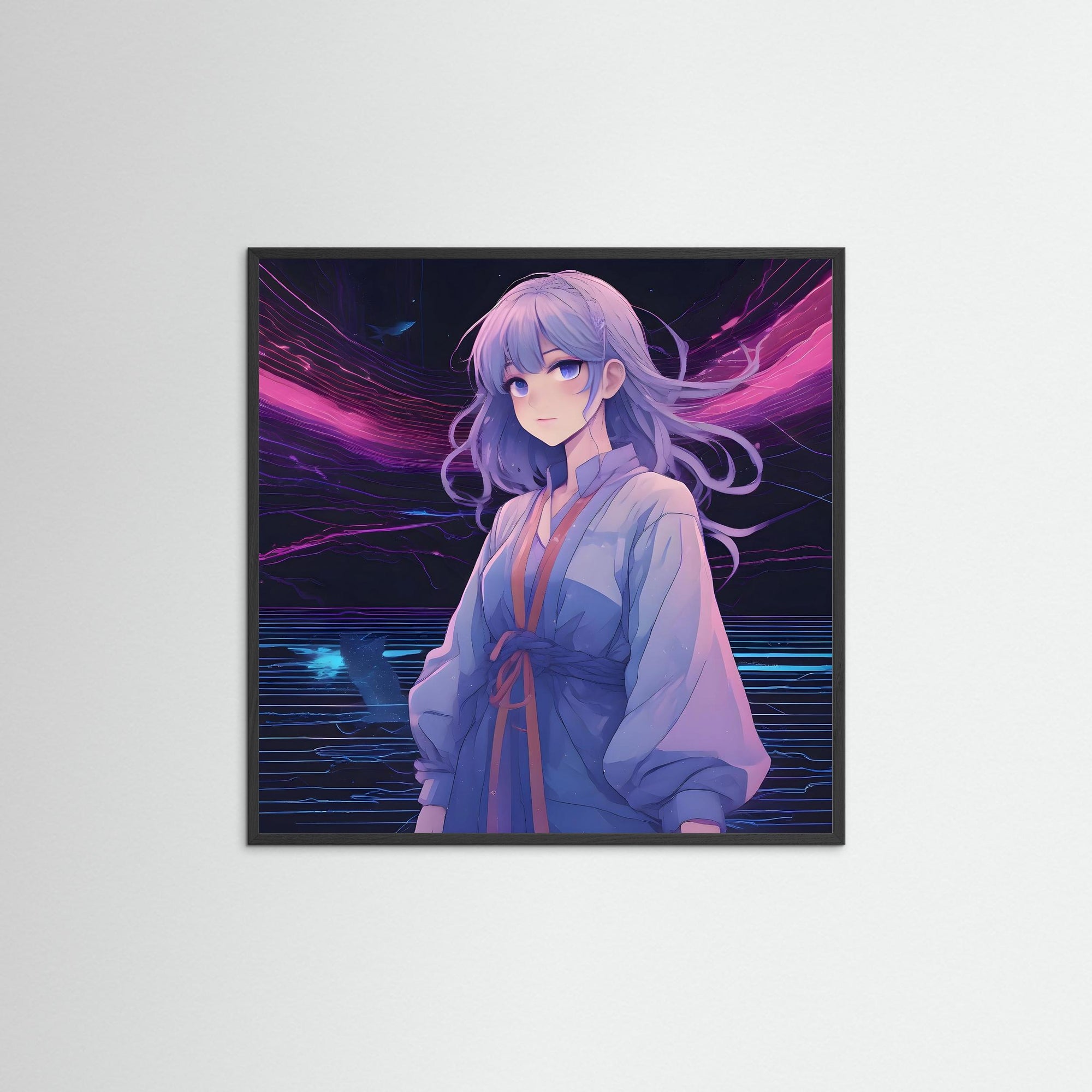 Neon Flow als Wandbild mit schwarzem Echtholzrahmen