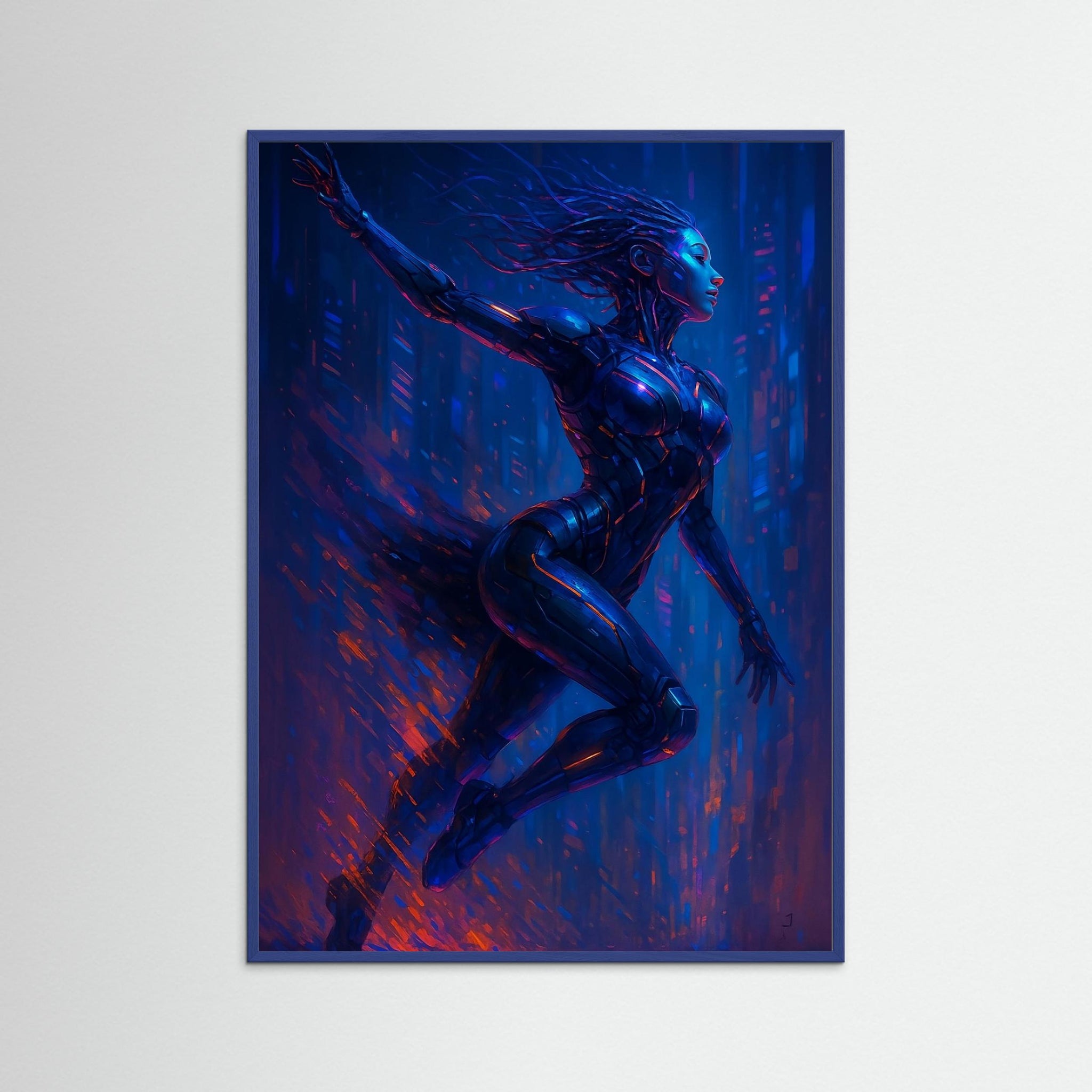 Neon Grace als Kunstmotiv mit blauem Echtholzrahmen