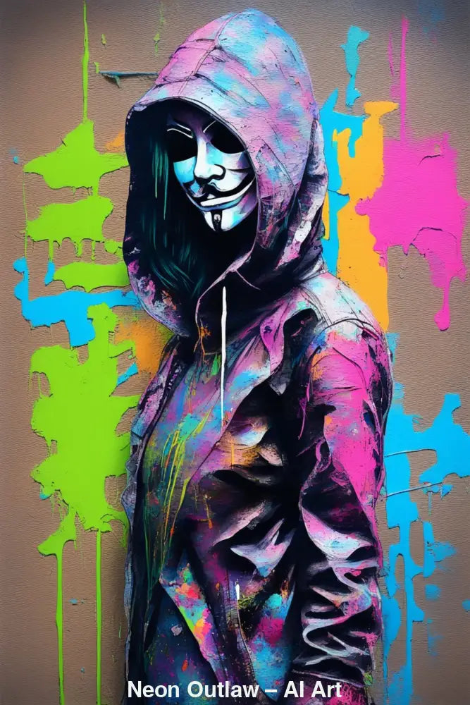 Urbanes AI-Kunstwerk mit maskierter Figur in Neonfarben und Street-Art-Stil, das Rebellion und anonyme Identität zeigt