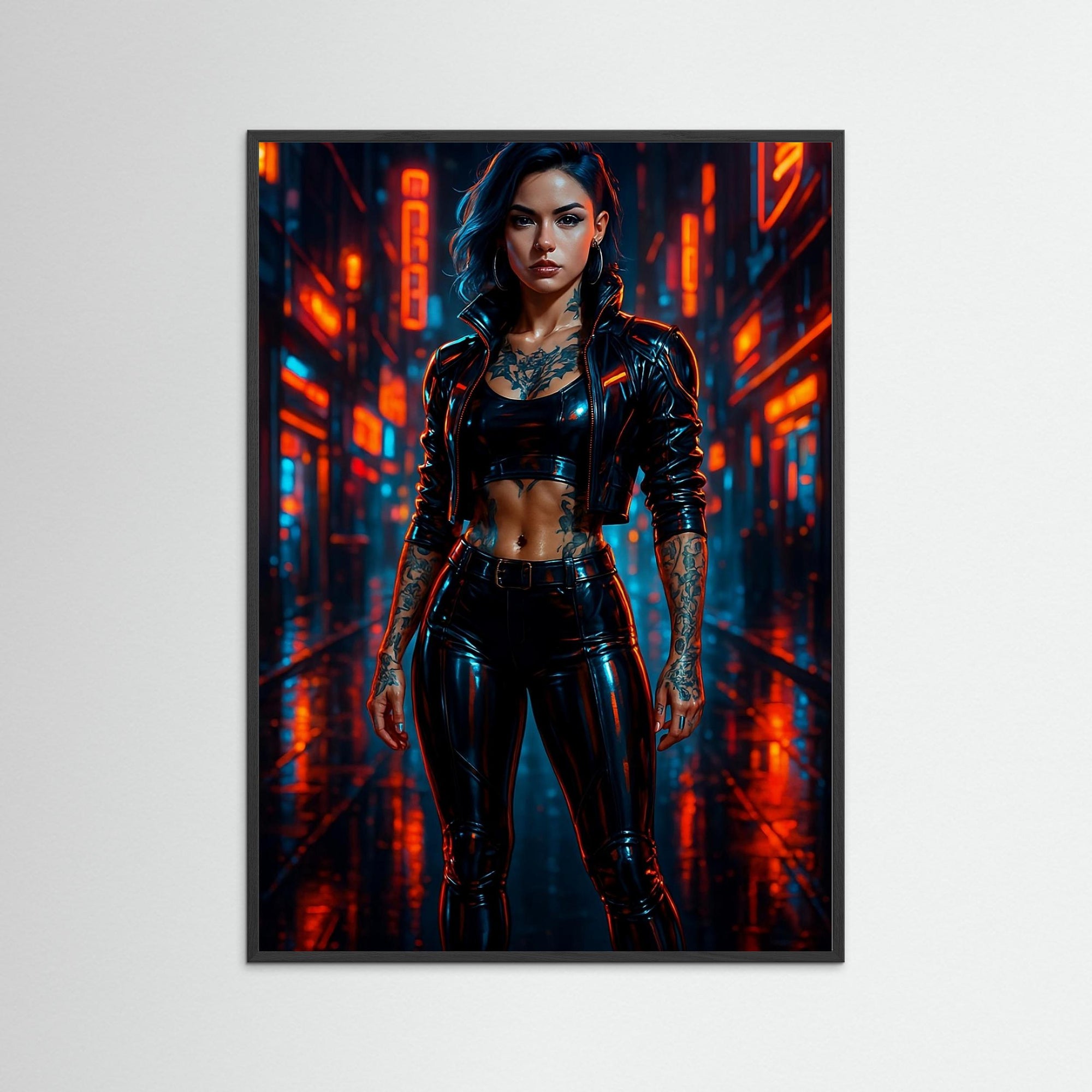 Neon Rebel als Kunstwerk mit schwarzem Echtholzrahmen