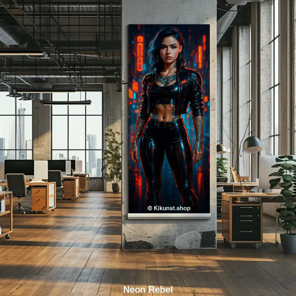 Mockup eines Kunstdrucks „Neon Rebel“ mit tätowierter Frau in Latex vor Neonlichtern