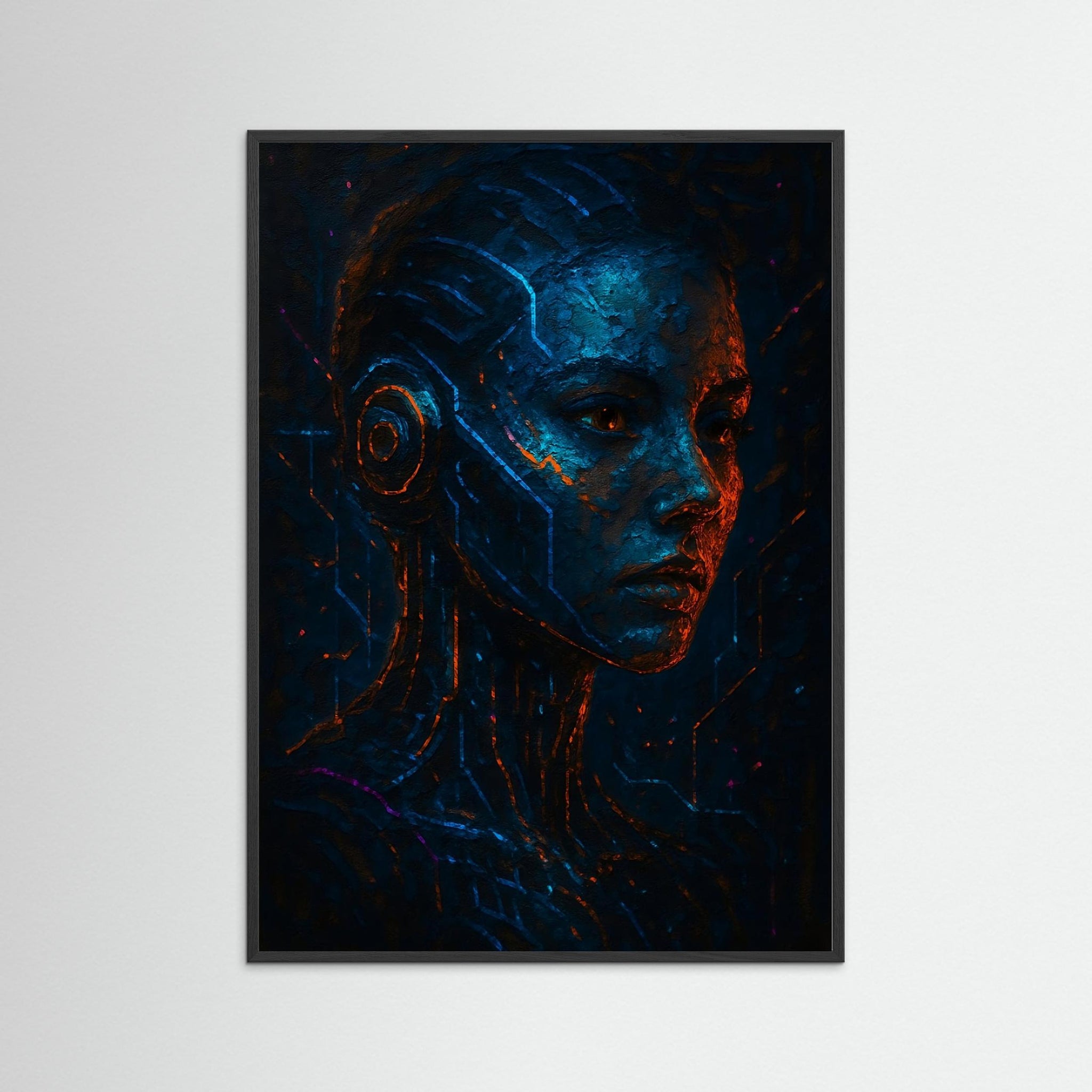 Neon Sentience als Kunstwerk mit schwarzem Echtholzrahmen