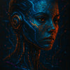 Futuristisches Cyborg-Porträt einer Frau mit neonblauen und orangen Linien auf dunklem Hintergrund