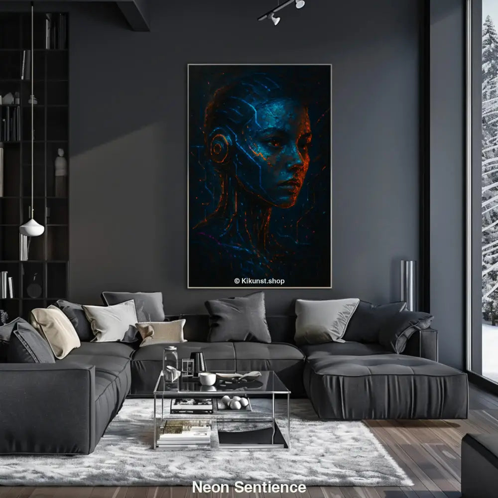 Mockup eines digitalen Porträts einer Frau mit neonblauen und orangefarbenen Lichtakzenten im Sci-Fi-Stil