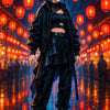 Neon Shadow – AI Art, Anime-Porträt einer jungen Frau in schwarzem Outfit vor leuchtenden roten Laternen.