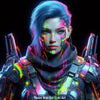 Digital Art futuristische Kriegerin in Sci-Fi-Rüstung mit neonfarbenen Mustern im Cyberpunk-Stil.