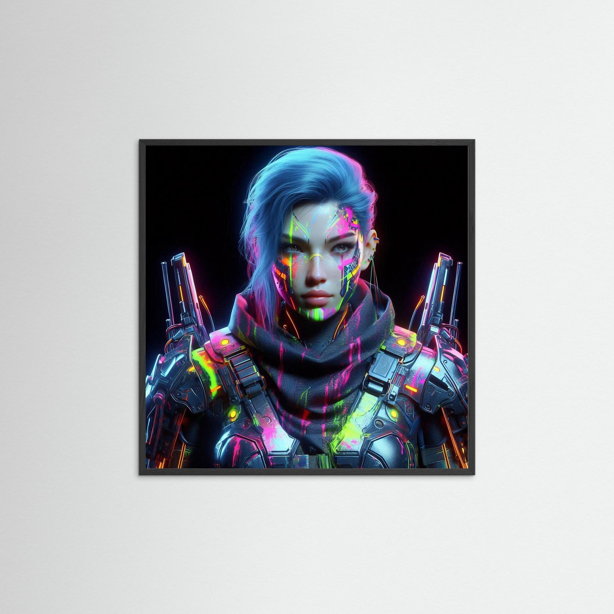 Neon Warrior als Kunstwerk mit schwarzem Echtholzrahmen