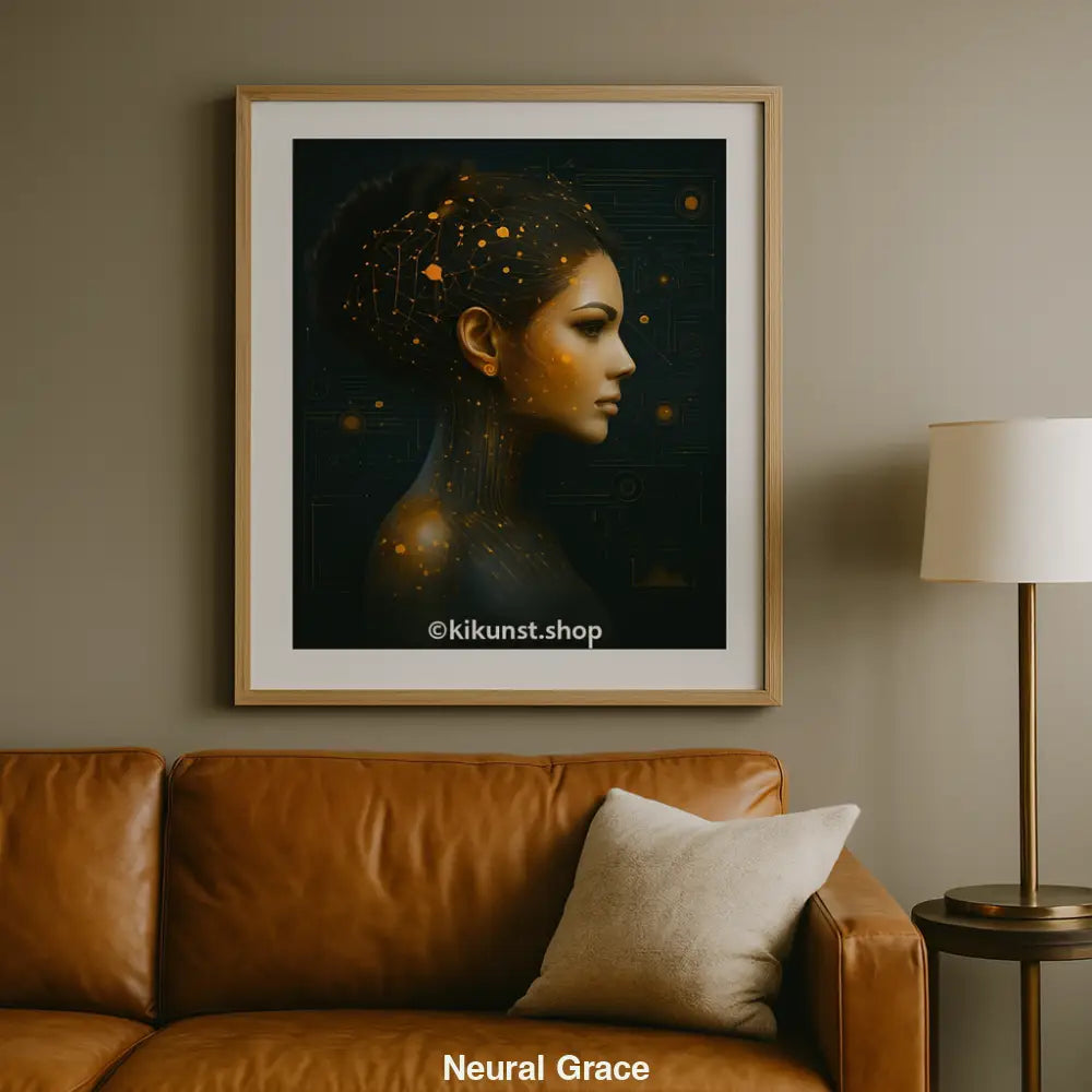 Gerahmte digitale Illustration einer futuristischen Frau mit goldenen Netzwerken – über cognacfarbenem Ledersofa in modernem Ambiente.