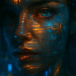 Nahaufnahme eines weiblichen Gesichts mit digitalen Lichtmustern und Tech-Strukturen
