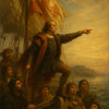 AI Art zeigt Entdecker auf einem Schiff mit wehender Flagge, Blick auf neue Welt – historisches Abenteuerbild in warmen Farben