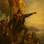 AI Art zeigt Entdecker auf einem Schiff mit wehender Flagge, Blick auf neue Welt – historisches Abenteuerbild in warmen Farben