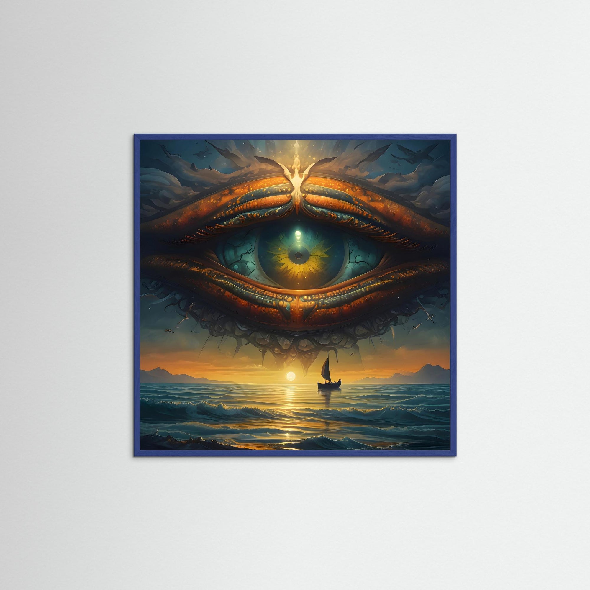 Oculus Aeternum als Kunstwerk mit blauem Echtholzrahmen