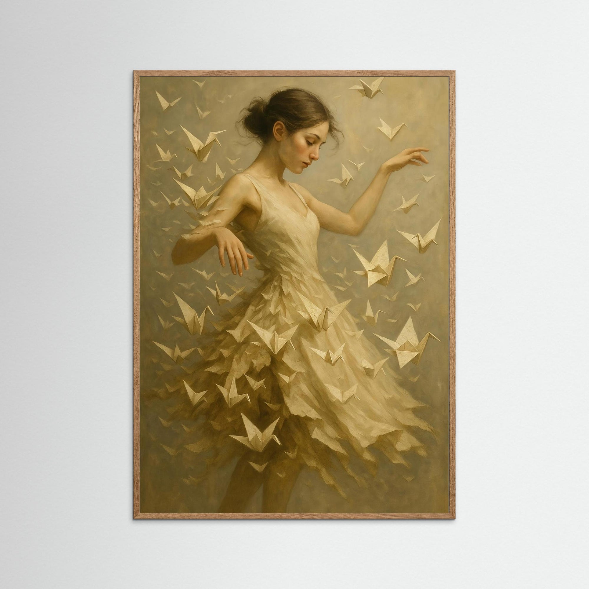 Origami Dance als Kunstwerk mit Echtholzrahmen in Eiche Natur